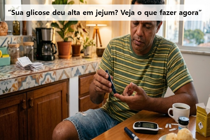 Homem de meia-idade usando lancetador para teste de glicose no sangue, expressando seriedade com o controle diário da saúde.