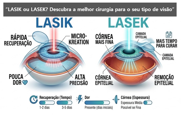 Infográfico comparativo entre cirurgias a laser LASIK e LASEK, mostrando diferenças em recuperação, dor e espessura da córnea.