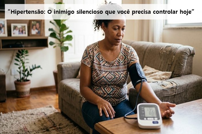 Mulher de meia-idade expressando preocupação com a pressão alta e os riscos da hipertensão não controlada.