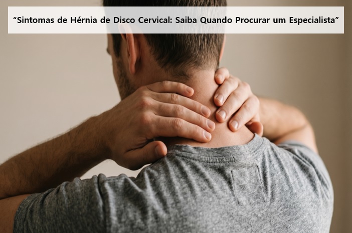 Uma foto em close-up tirada por trás de um homem tocando a nuca e o pescoço com as mãos em um gesto de dor e desconforto, representando os sintomas de hérnia de disco cervical.