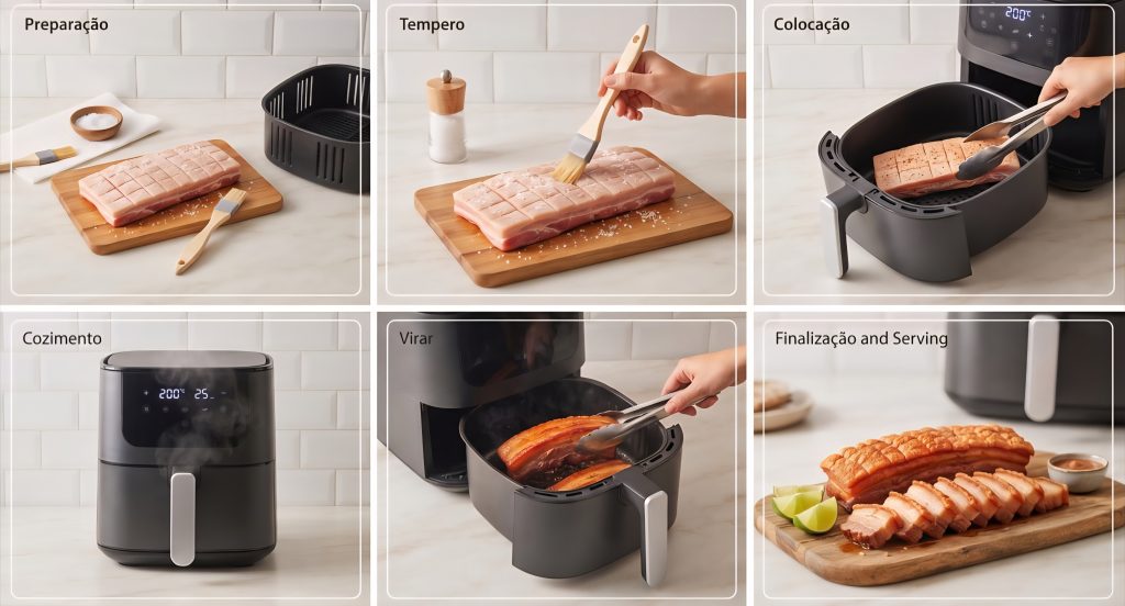 Guia visual passo a passo em 6 etapas mostrando a preparação, tempero com sal, colocação na air fryer, cozimento, momento de virar e a finalização com a barriga de porco fatiada e crocante