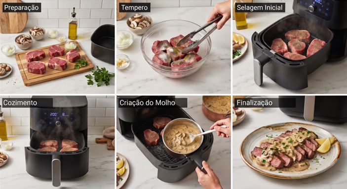 Passo a passo visual de 6 etapas para preparar bife com molho de cogumelos na air fryer, desde a preparação dos ingredientes, tempero, selagem inicial, cozimento, criação do molho até a finalização do prato fatiado