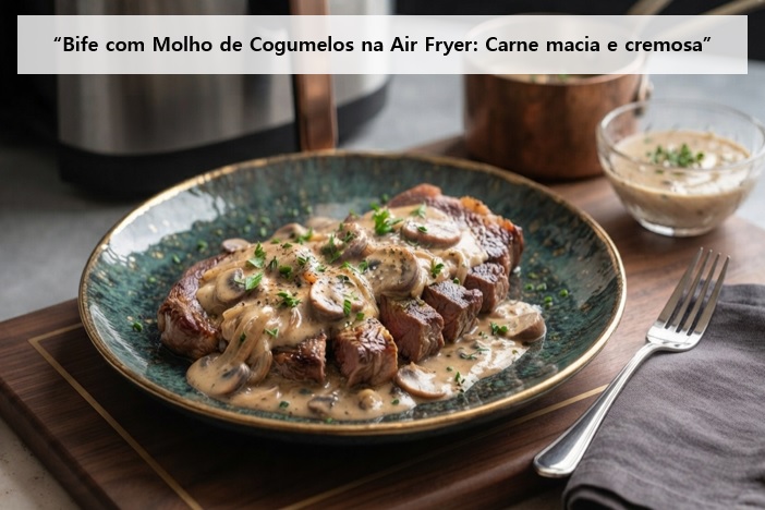 Um bife suculento cortado em fatias com molho cremoso de cogumelos e ervas frescas servido em um prato elegante, com uma air fryer moderna ao fundo