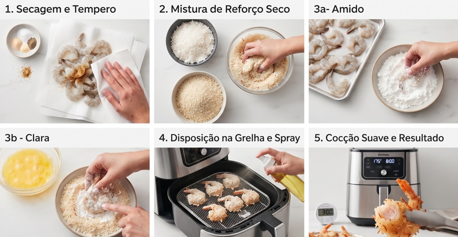 Guia visual passo a passo em 6 etapas para o preparo de camarão com coco na air fryer a 175°C por 8 minutos. As imagens detalham a secagem com papel-toalha e tempero, a mistura de coco e panko, as etapas de empanamento com amido e clara, a disposição espaçada na grelha com spray de azeite e o resultado final da cocção suave