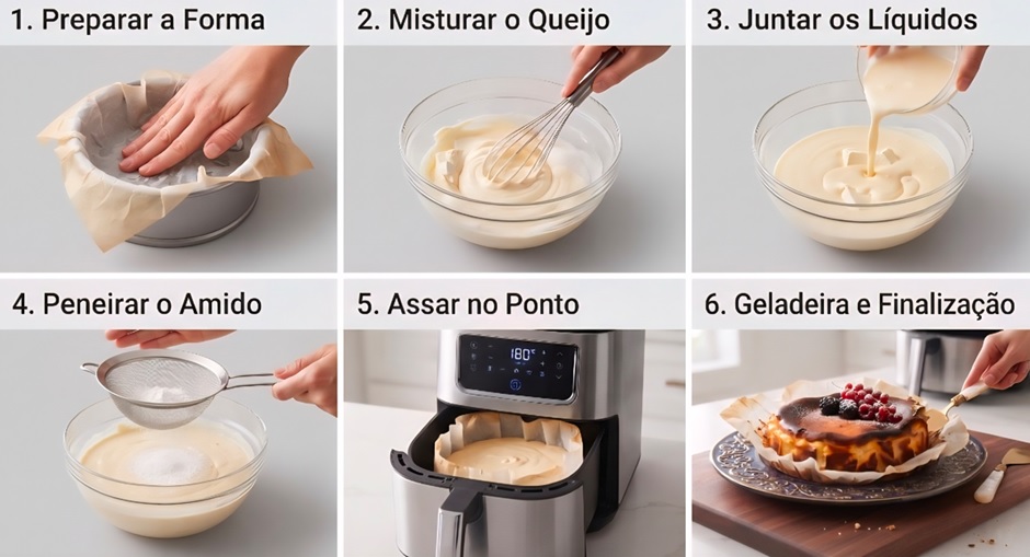 Guia visual passo a passo em 6 etapas para o preparo de cheesecake basco na Air Fryer. As imagens detalham a preparação da forma com papel-manteiga úmido, a mistura suave do cream cheese com açúcar, a adição gradual dos líquidos com ovos e creme de leite, a peneiragem do amido de milho, o cozimento na Air Fryer a 180°C por 23 a 25 minutos, e o tempo de descanso na geladeira de 5 a 6 horas seguido pela finalização com frutas vermelhas