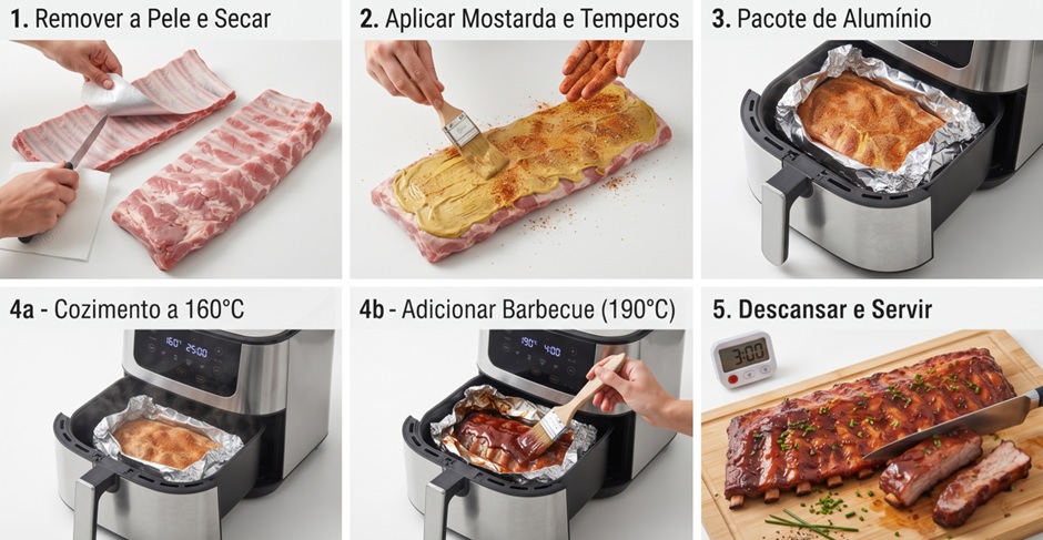Guia visual passo a passo em 6 etapas para o preparo de costelinha suína com molho barbecue na air fryer. As imagens detalham a remoção da membrana do osso e secagem da carne, a aplicação de mostarda e temperos secos, o embrulhamento seguro em papel-alumínio, o cozimento inicial a 160°C, a aplicação do molho barbecue a 190°C e o corte final da carne macia na tábua após o descanso