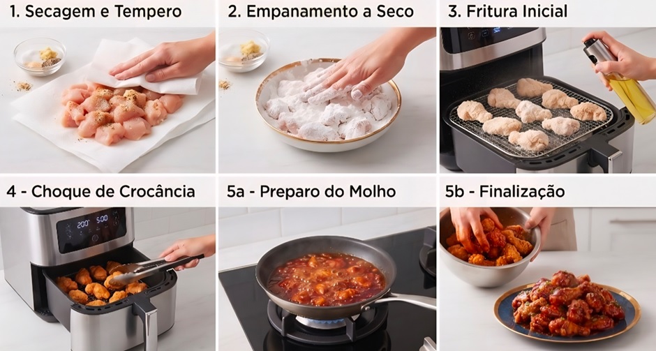 Guia visual passo a passo em 6 etapas para o preparo de frango crocante com molho na air fryer. As imagens mostram a secagem com papel-toalha e tempero, o empanamento a seco com amido, a primeira fritura a 180°C com spray de óleo, o choque de crocância a 200°C, o aquecimento do molho na frigideira e a finalização com frango envolvido no molho e servido com gergelim