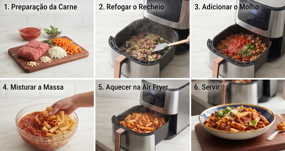 Passo a passo para preparar carne com macarrão na air fryer: secagem do bife, pré-aquecimento a 200°C, carne grelhada a 180°C por 8 a 10 minutos, descanso de 3 minutos e montagem com massa cremosa