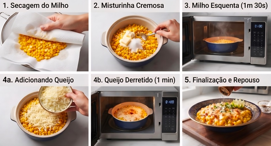 Guia visual passo a passo em 6 etapas para o preparo de milho com queijo no micro-ondas. As imagens detalham a secagem do milho com papel-toalha, a mistura cremosa com maionese e manteiga, o aquecimento inicial do milho por 1 minuto e 30 segundos, a adição de mussarela, o derretimento do queijo por 1 minuto no micro-ondas, e a finalização com pimenta e repouso de 30 segundos