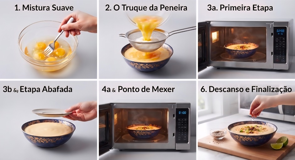 Guia visual passo a passo em 6 etapas para o preparo de ovos no vapor no micro-ondas. As imagens detalham a mistura suave dos ovos com um garfo, o uso da peneira para coar a clara grossa, a primeira etapa de cozimento abafado a 70% de potência por 2 minutos com um prato por cima, a mexidinha leve com adição de cebolinha, o reaquecimento por mais 1 a 1 minuto e meio, e o descanso sagrado final de 2 minutos antes de servir