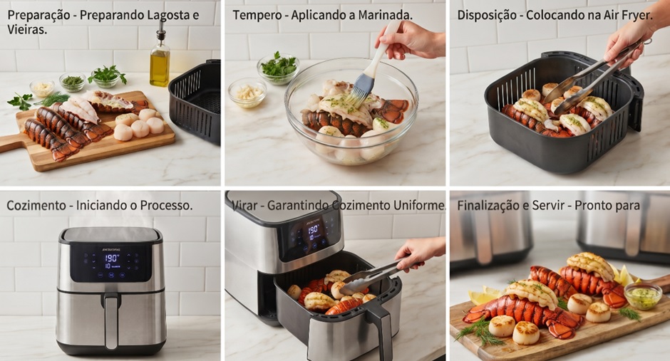 Passo a passo visual em 6 etapas para preparar caudas de lagosta a 180°C por 6 minutos e vieiras a 200°C por 3 minutos na air fryer, com secagem prévia, grelha untada pré-aquecida e finalização perfeita