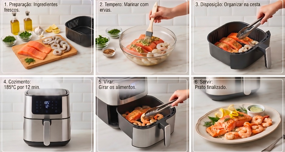 Guia visual passo a passo para preparar salmão e camarão na air fryer: secagem com papel-toalha, salmão a 180°C por 7 minutos, adição dos camarões a 200°C por 4 minutos e descanso final