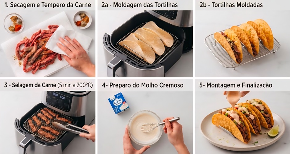 Guia visual passo a passo em 6 etapas para o preparo de tacos de carne com molho cremoso na air fryer. As imagens detalham a secagem da carne, a moldagem das tortilhas a 180°C por 3 minutos, a selagem da carne a 200°C por 5 minutos, o preparo do molho cremoso e a montagem final com as conchinhas crocantes